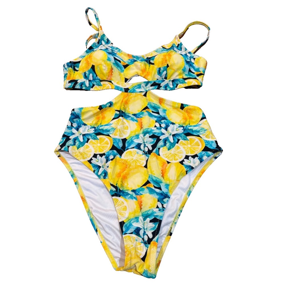 Cupshe swimwear lemons yellow blue green small cups bathing suit womens' size XS